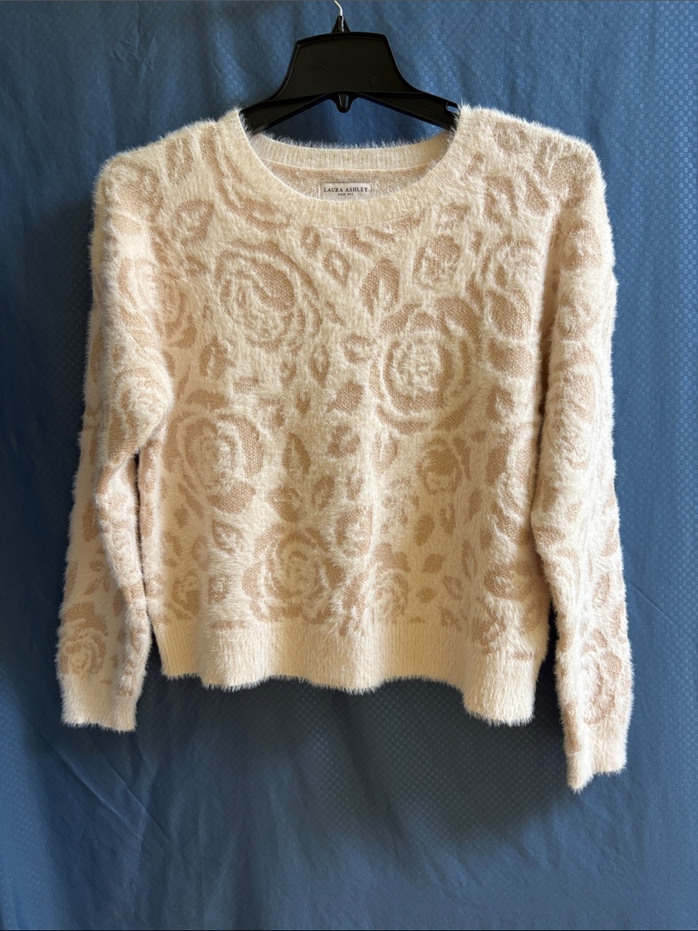 Laura Ashley White and Pink Floral Fuzzy Crewneck Sweater